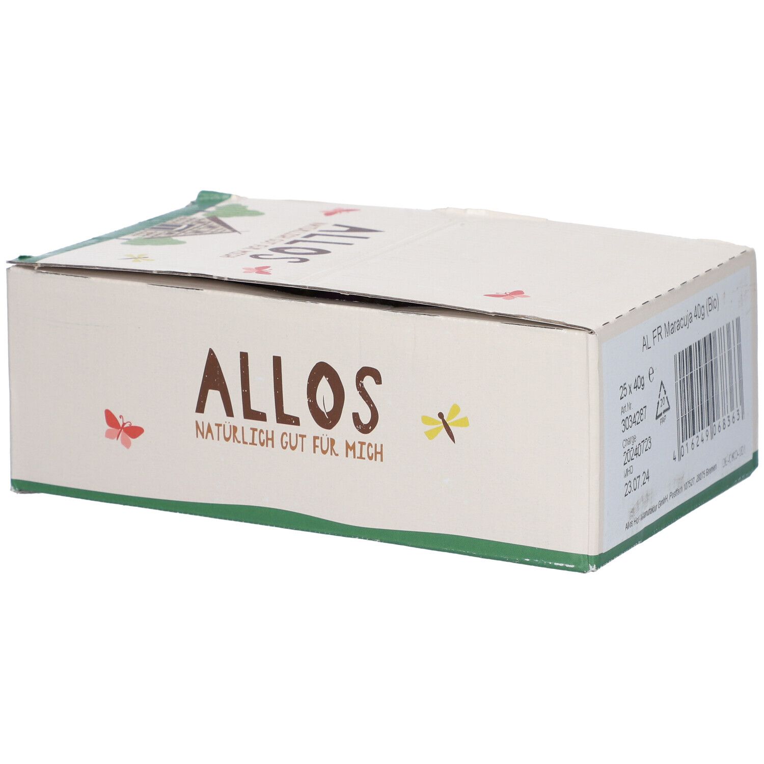 Karton mit Allos-Logo und Produktbezeichnung. Enthält Informationen wie Gewicht und Mindesthaltbarkeit.