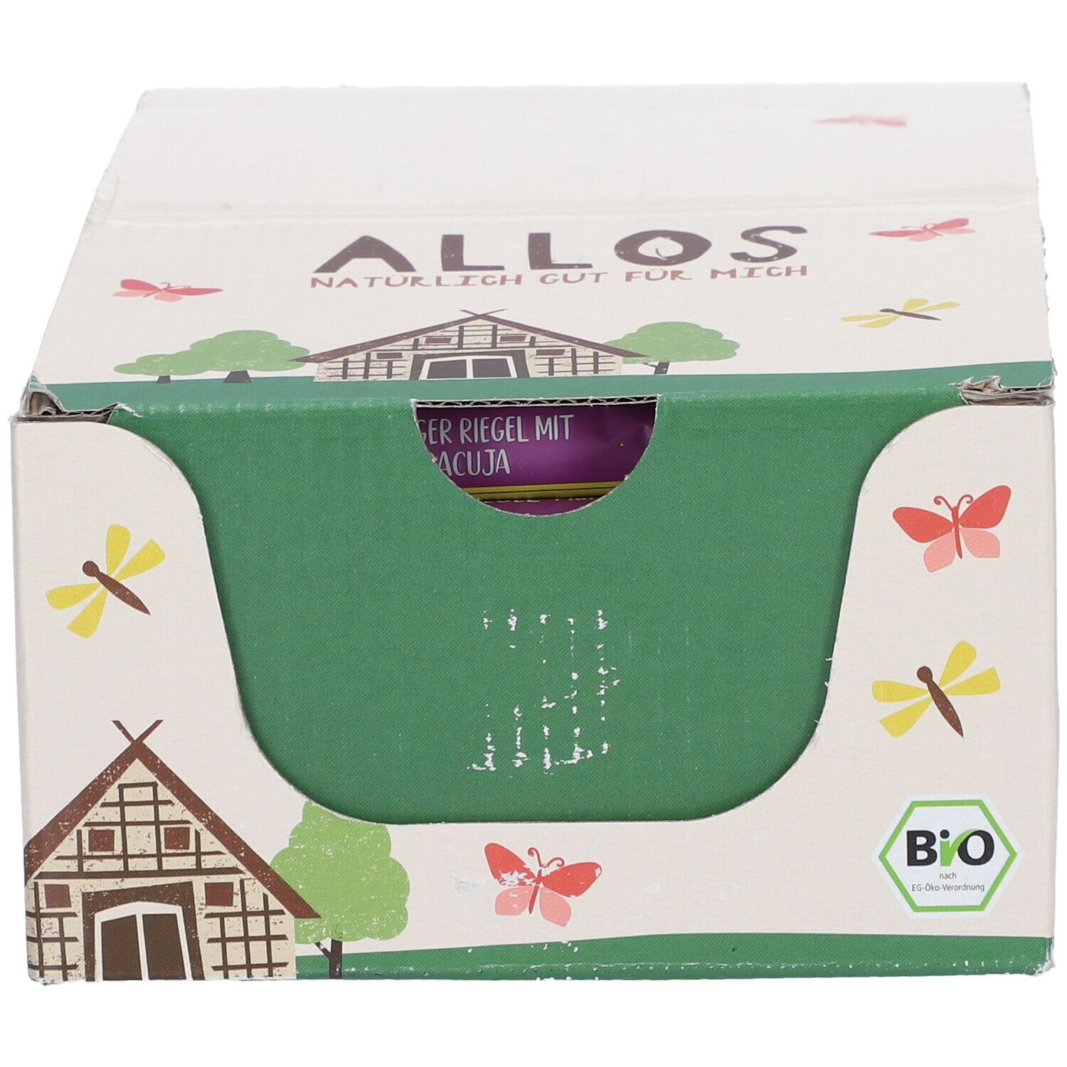 Karton mit Allos-Logo und Bio-Siegel. Geöffnet, zeigt eine grüne Aussparung mit Produktverpackung.