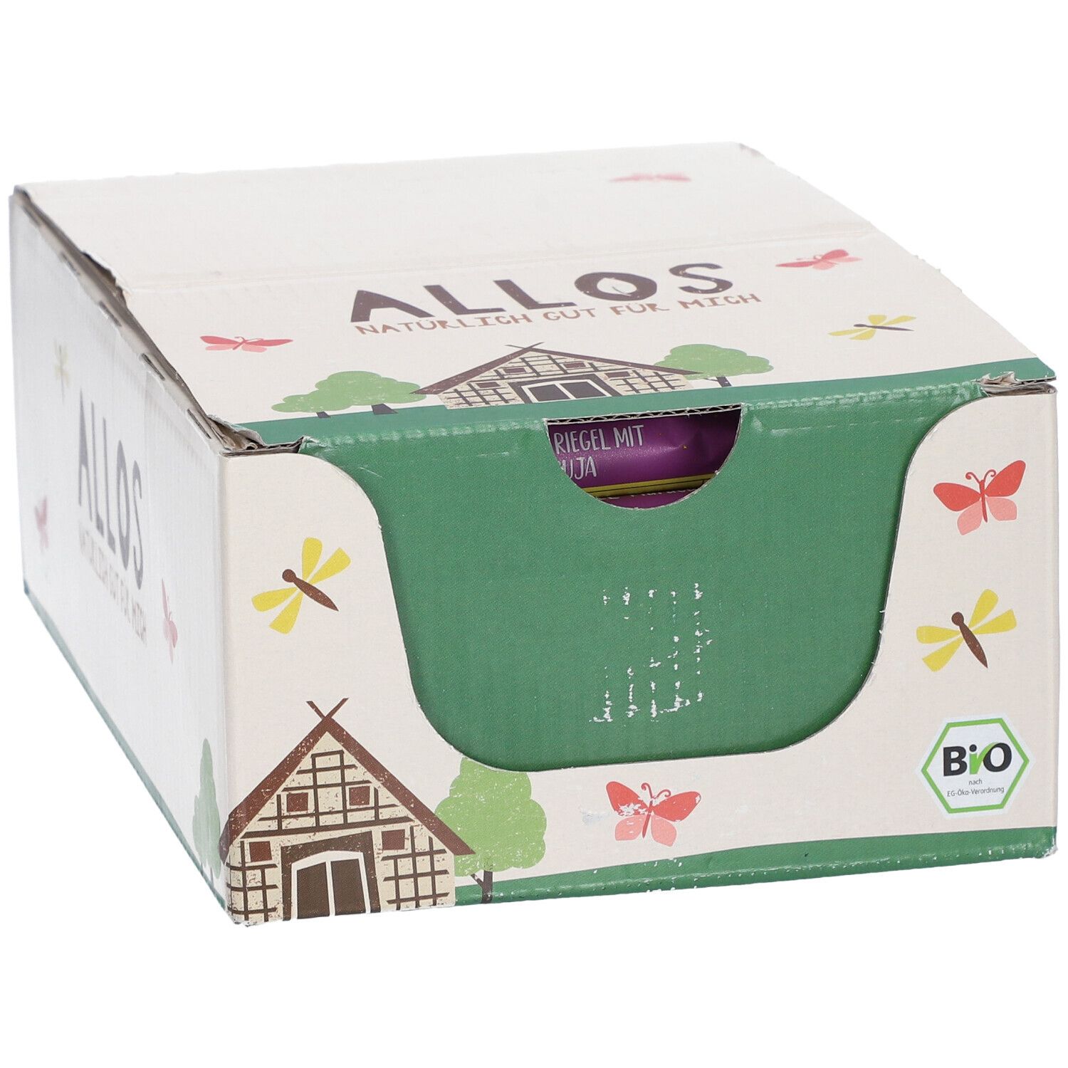 Karton mit Allos-Logo und Bio-Siegel. Geöffnet, zeigt eine grüne Aussparung mit Produktverpackung.