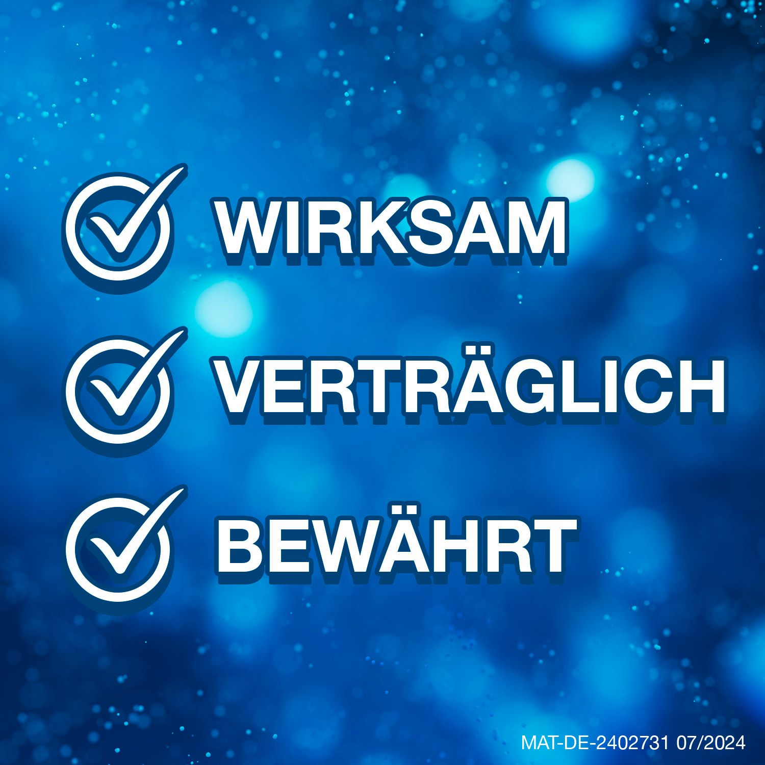 Drei Häkchen mit Text: WIRKSAM, VERTRÄGLICH, BEWÄHRT. Hintergrund: blau.