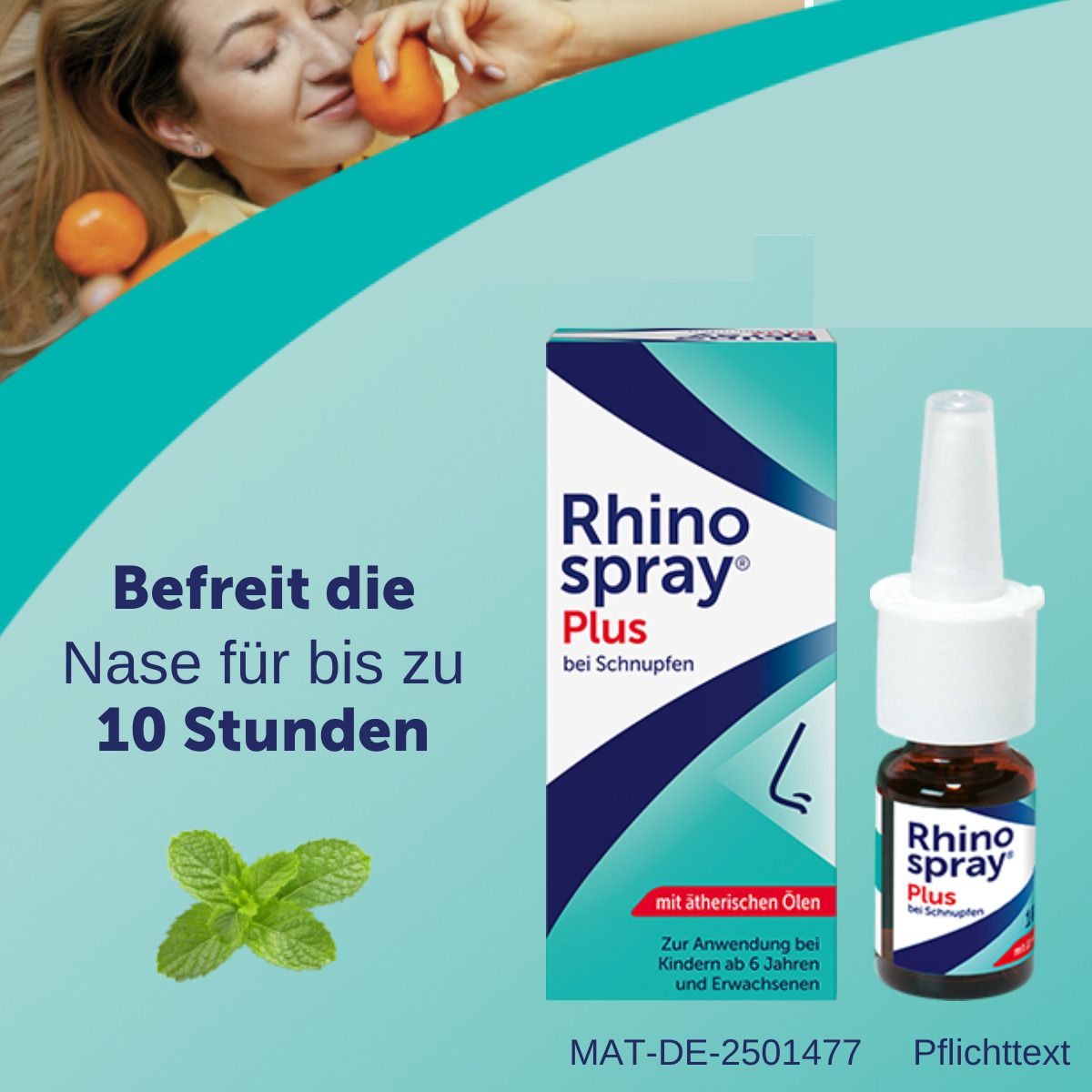 Rhinospray Plus Nasenspray und Pfefferminzblätter. Text: Befreit die Nase für bis zu 10 Stunden.