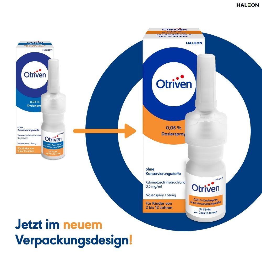 Vergleich von altem und neuem Verpackungsdesign für Otriven 0,05% Dosierspray.
