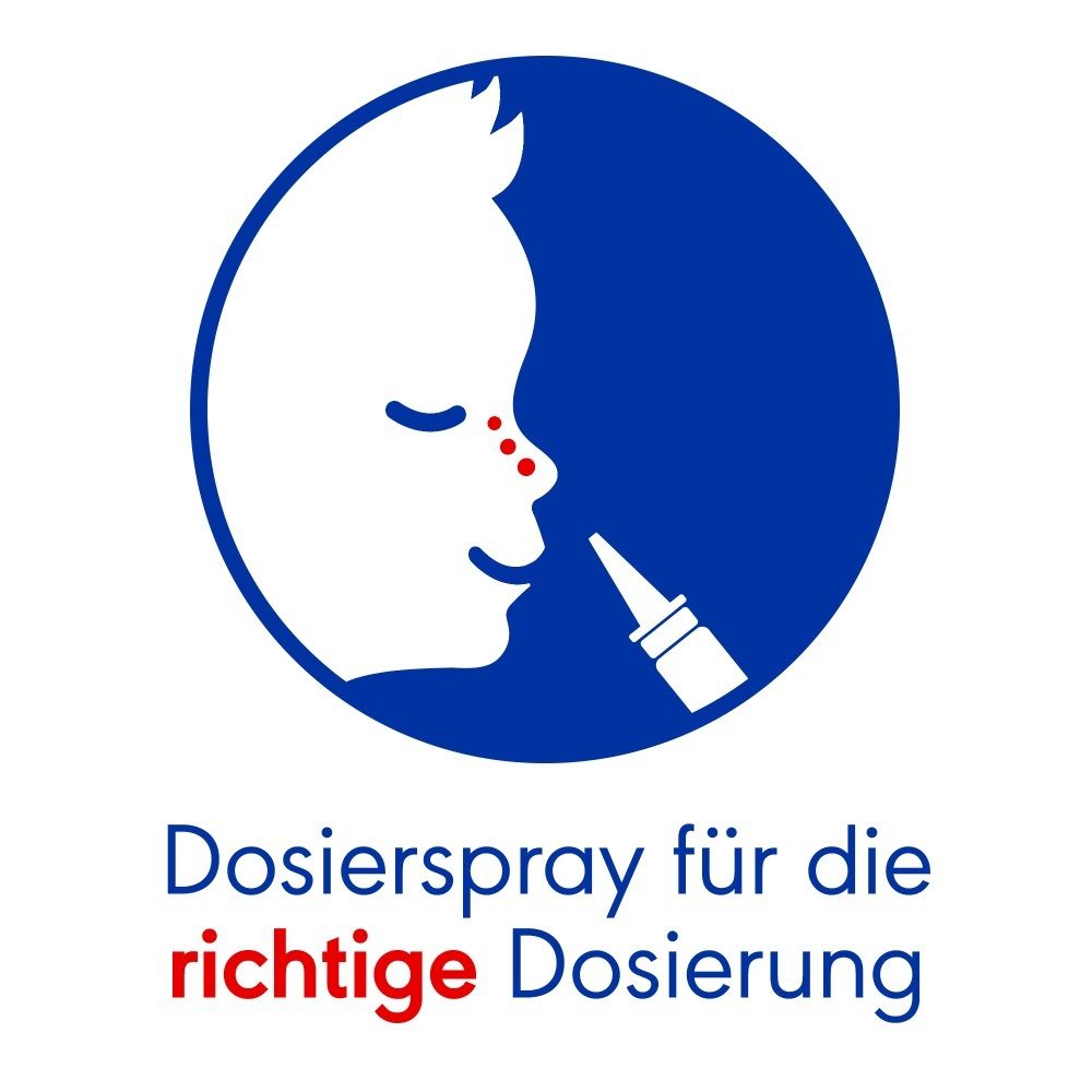 Symbol: Kind erhält Nasenspray zur richtigen Dosierung.