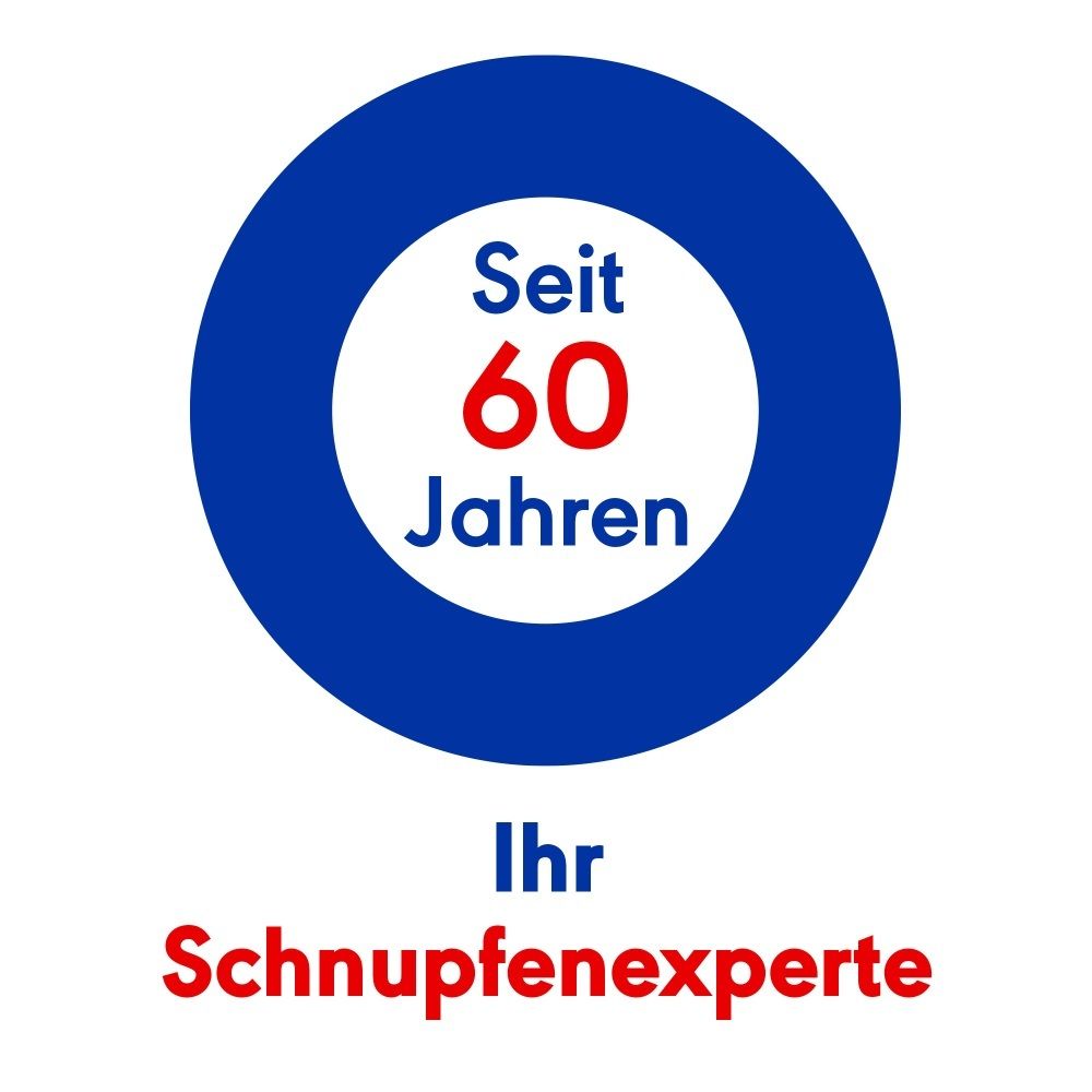Symbol: Kreis mit 'Seit 60 Jahren' und 'Ihr Schnupfenexperte'.