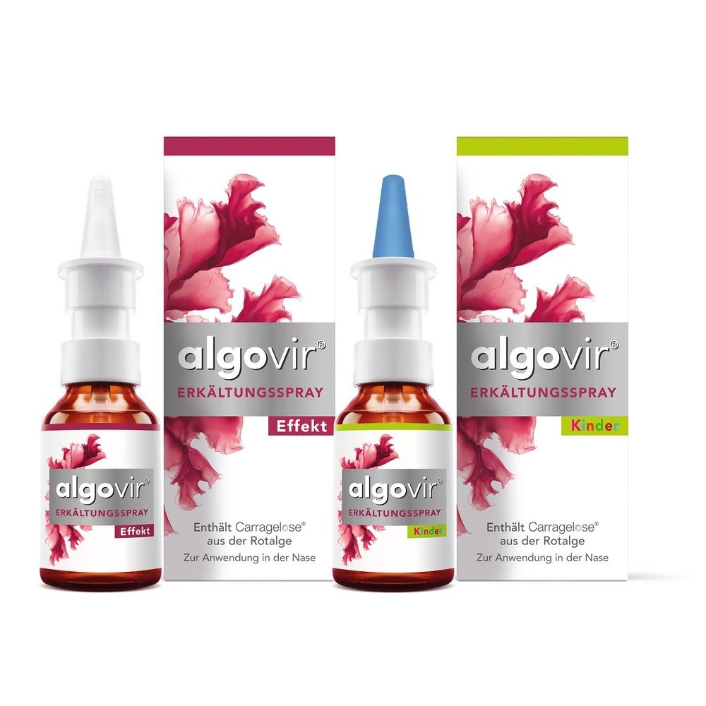 Zwei Algovir Erkältungsspray-Flaschen und Schachteln mit Blumenmuster.