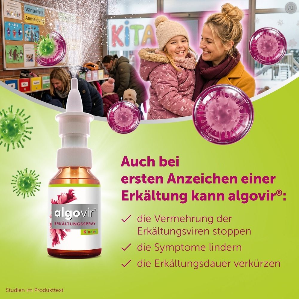 Algovir Erkältungsspray in einer Flasche, umgeben von Viren.