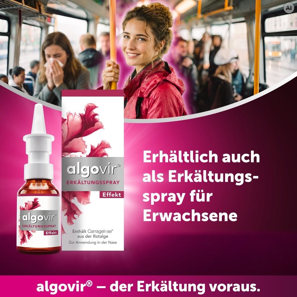 Nasenspray-Flasche mit Etikett und Blüte, daneben eine Packung mit dem Produktnamen 'algovir'.