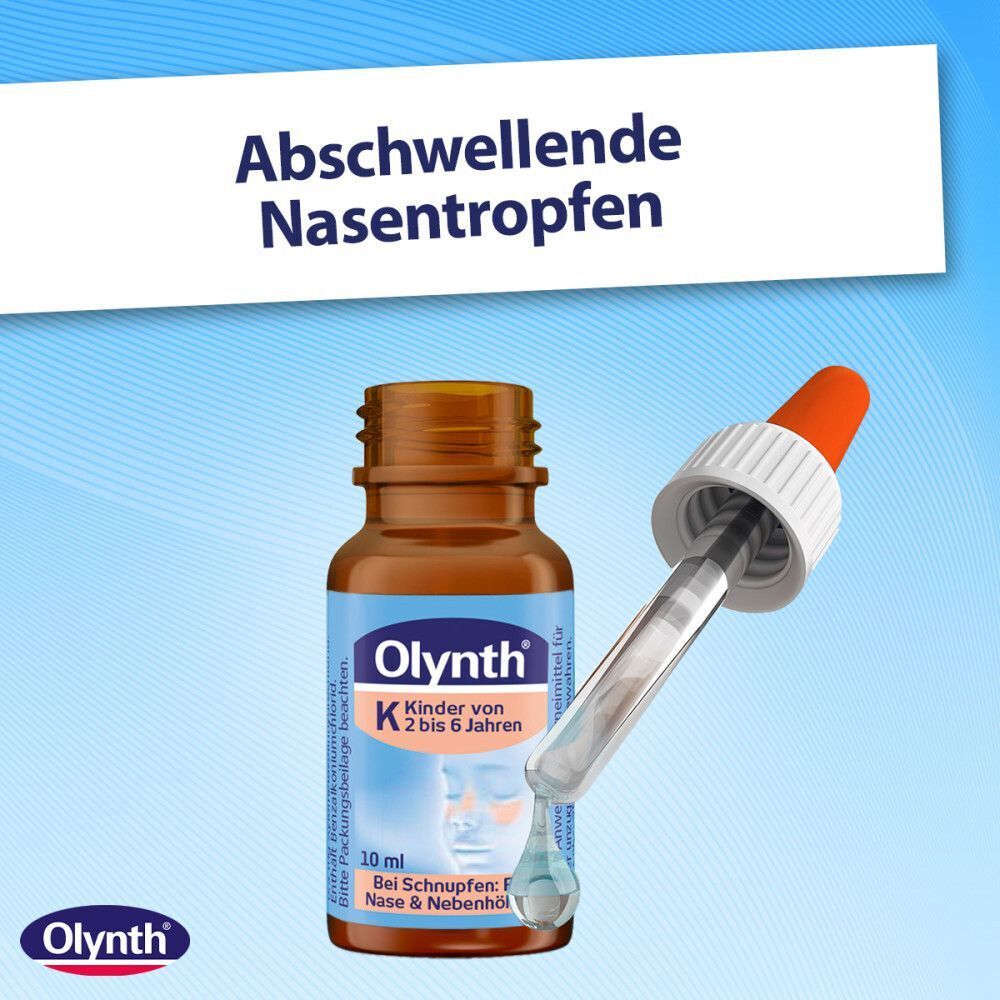 Braune Flasche Olynth® Nasentropfen mit Pipette. Aufschrift: Abschwellende Nasentropfen. Für Kinder von 2 bis 6 Jahren. 10 ml.