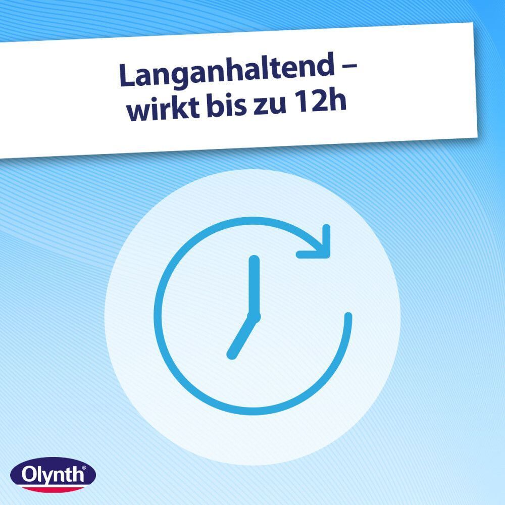 Uhr-Symbol mit Pfeil. Aufschrift: Langanhaltend - wirkt bis zu 12h. Olynth® Logo.
