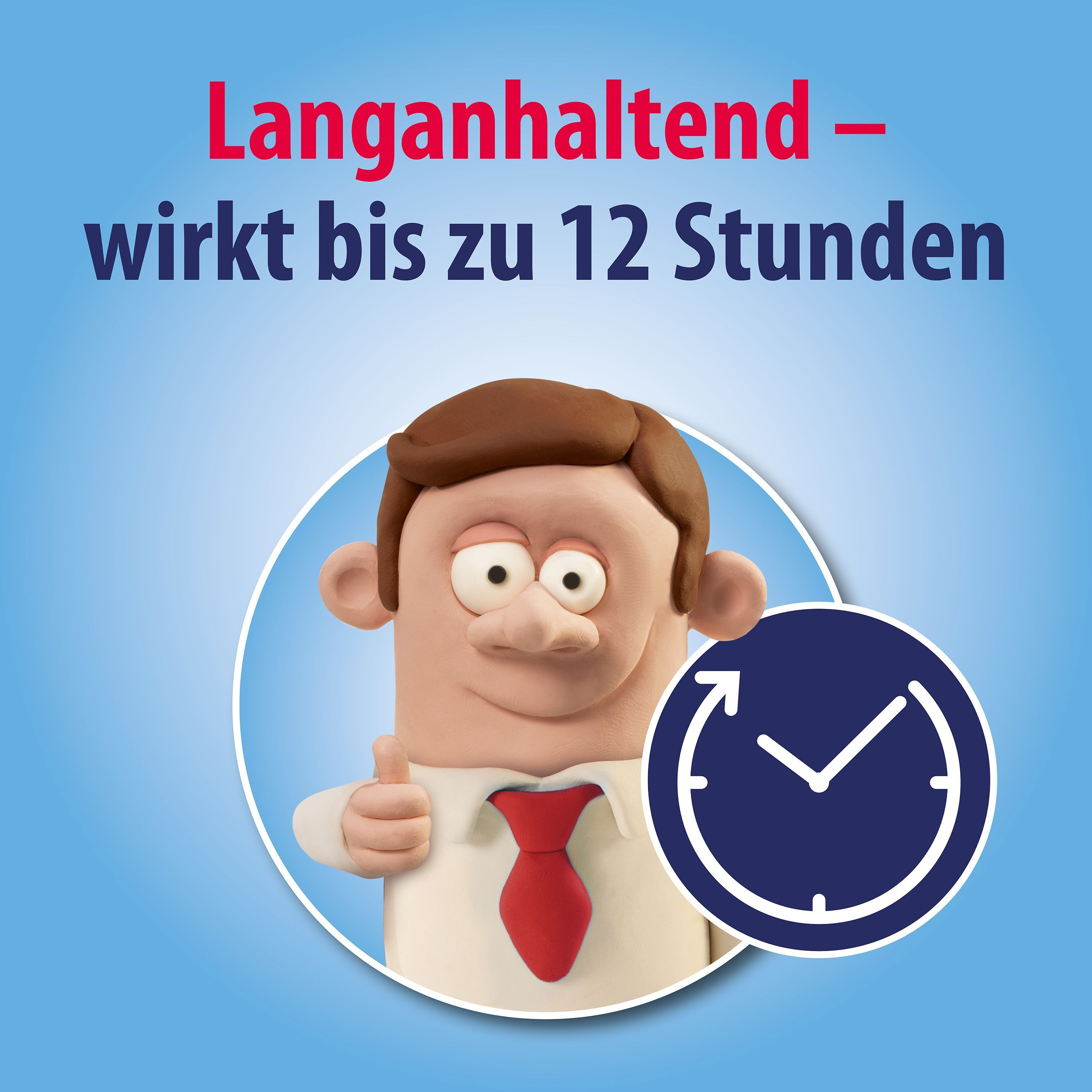 Cartoon-Figur mit Uhr-Symbol. Aufschrift: Langanhaltend - wirkt bis zu 12 Stunden. Olynth® Logo.