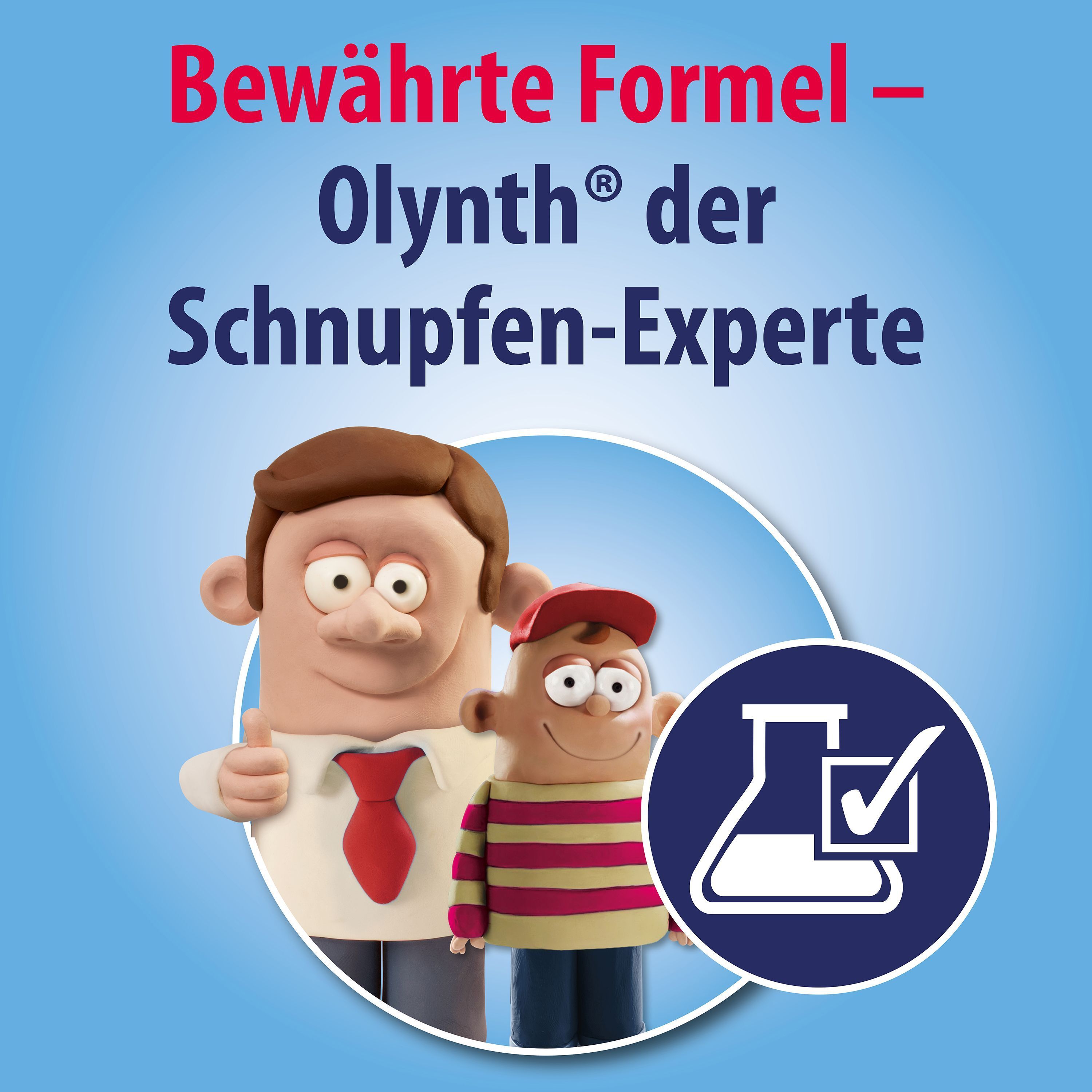 Cartoon-Figur mit Labor-Symbol. Aufschrift: Bewährte Formel - Olynth® der Schnupfen-Experte. Olynth® Logo.