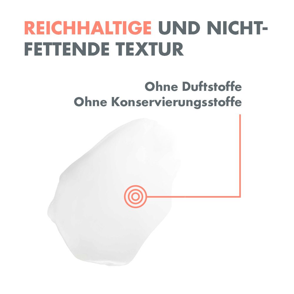 Produktprobe Avène XeraCalm A.D. Text: Reichhaltige und nicht-fettende Textur. Ohne Duftstoffe, ohne Konservierungsstoffe.