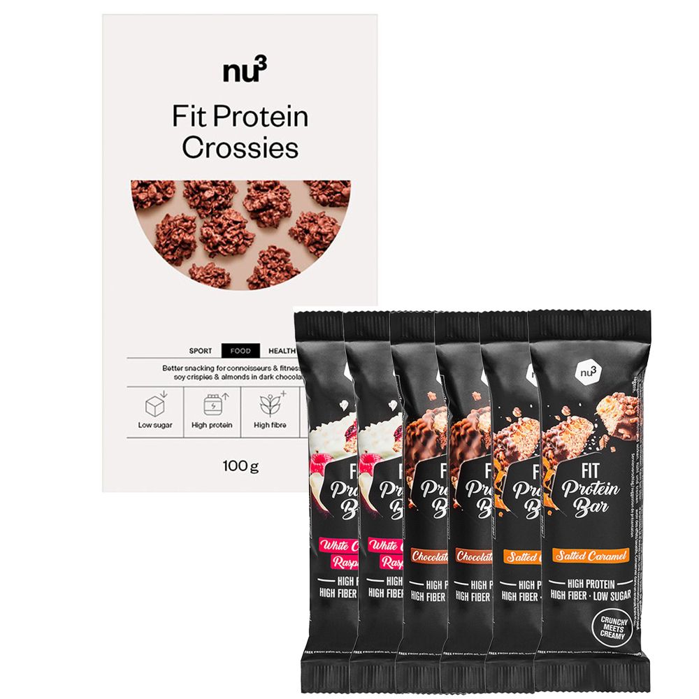 nu3 Fit Protein Crossies + Protein Bar, Salted Caramel + Protein Bar, Chocolate Brownie + Protein Ba
