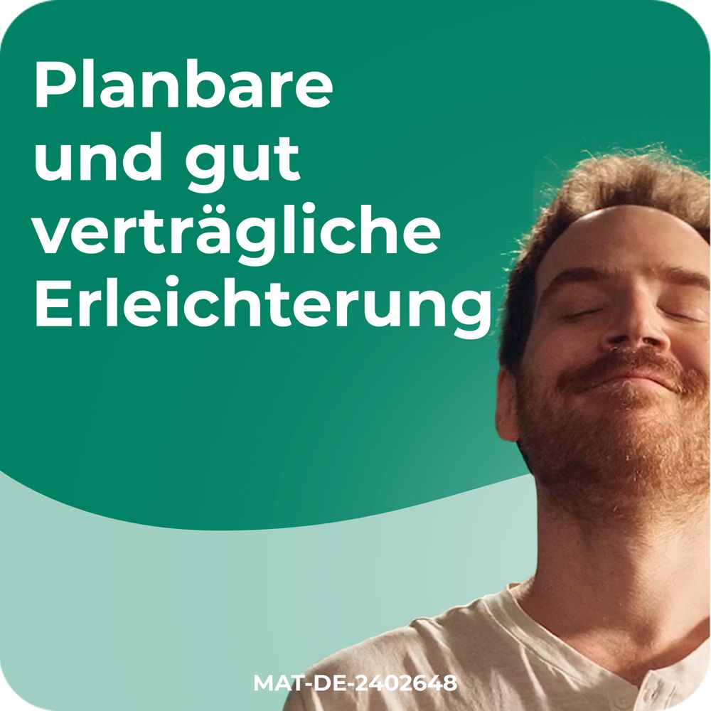 Mann mit geschlossenen Augen. Text: Planbare und gut verträgliche Erleichterung.