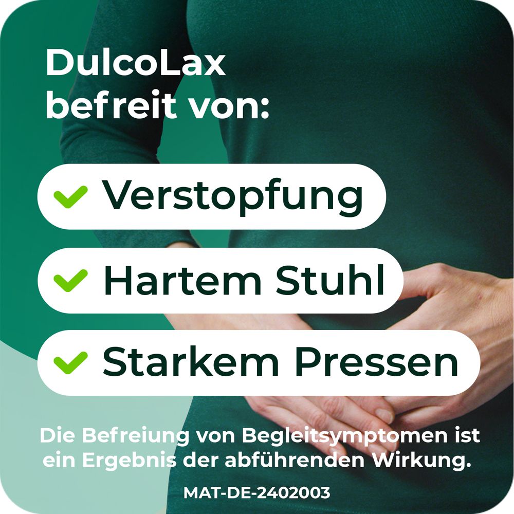Text auf grünem Hintergrund: Befreit von Verstopfung, hartem Stuhl, starkem Pressen.
