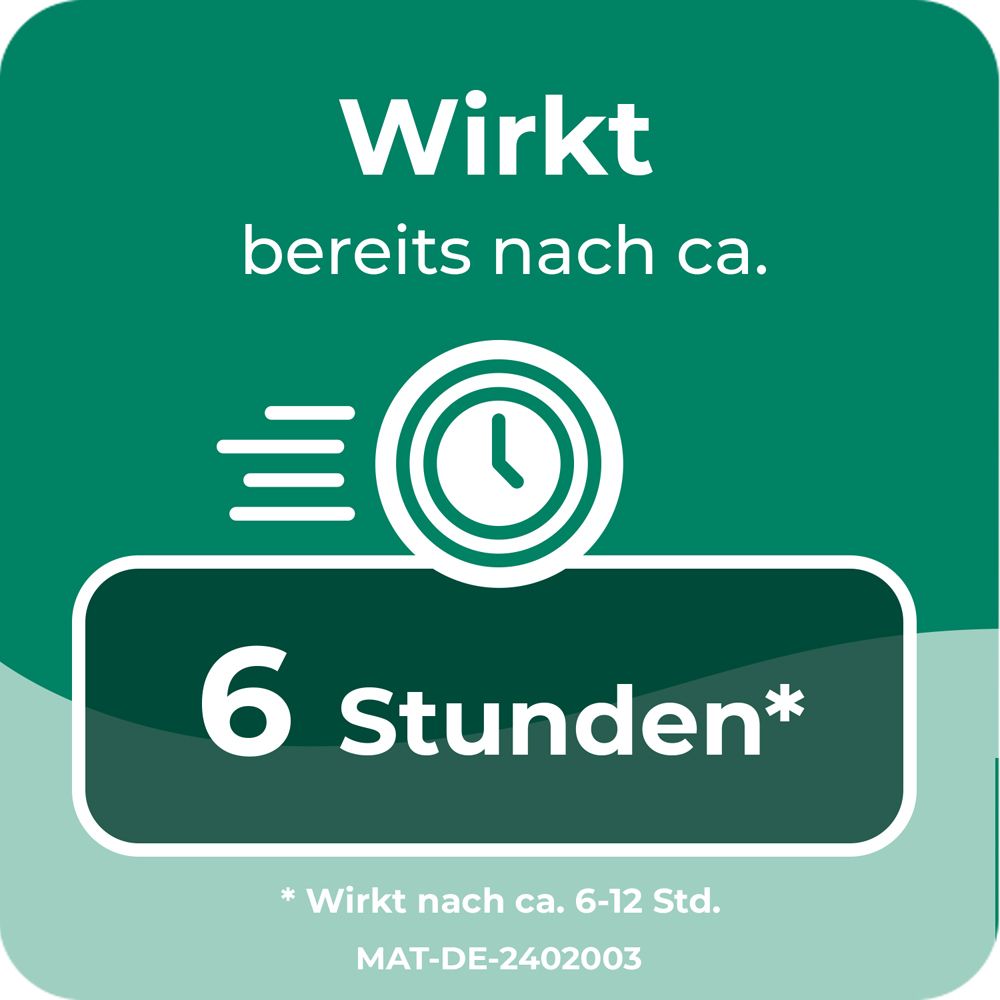 Text auf grünem Hintergrund: Wirkt bereits nach ca. 6 Stunden.