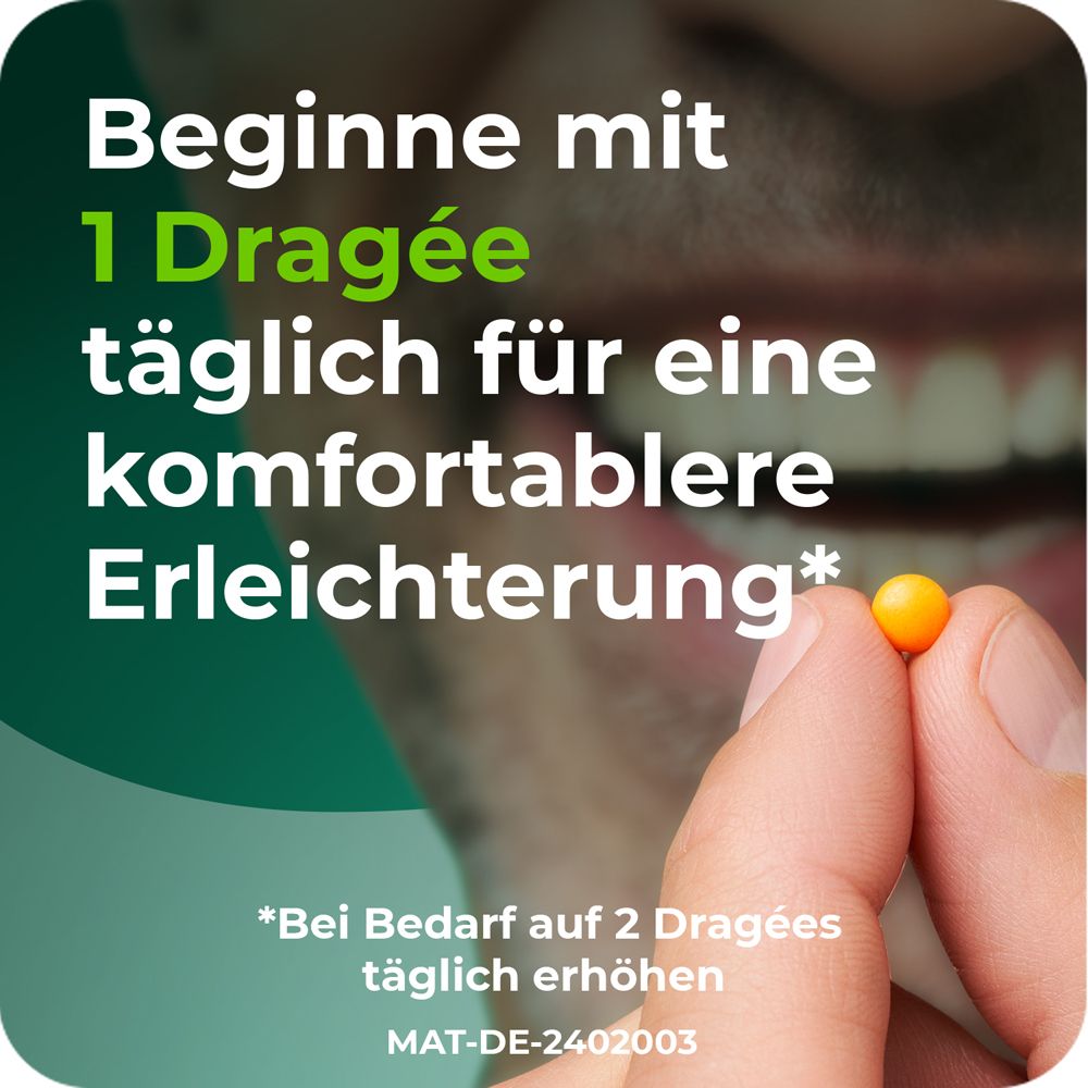 Mann hält eine gelbe Dragée. Text: Beginne mit 1 Dragée täglich für eine komfortablere Erleichterung.