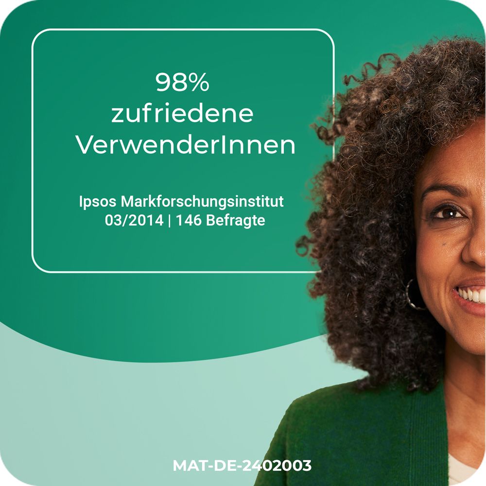 Frau lächelt. Text: 98% zufriedene Verwenderinnen.
