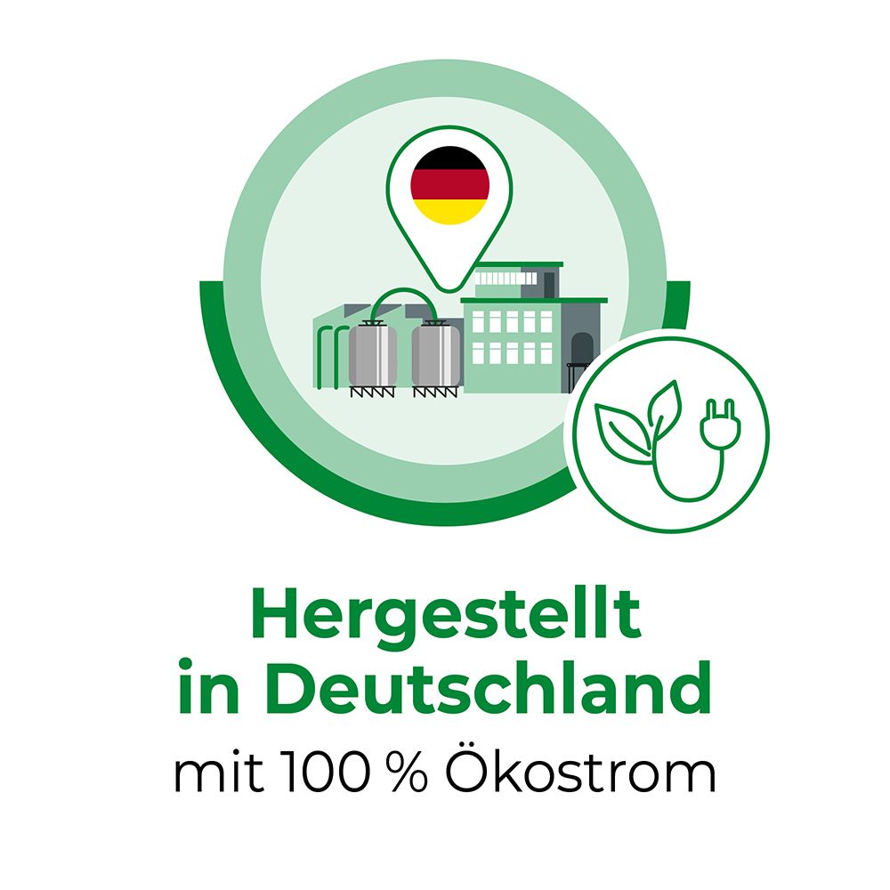 Illustration: Fabrik mit Deutschland-Flagge. Text: Hergestellt in Deutschland mit 100 % Ökostrom.