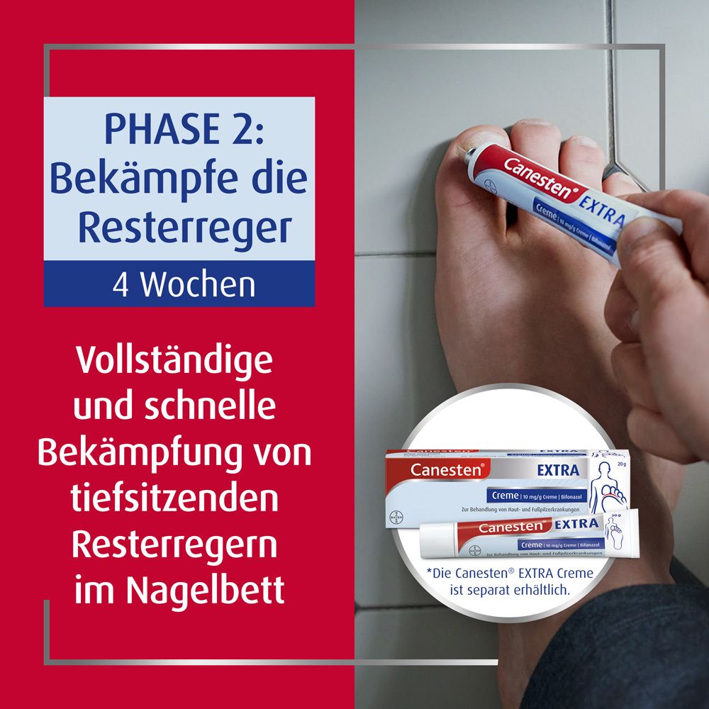 Fuß mit Creme. Canesten® EXTRA Creme. Text: Phase 2: Bekämpfe die Resterreger. 4 Wochen.