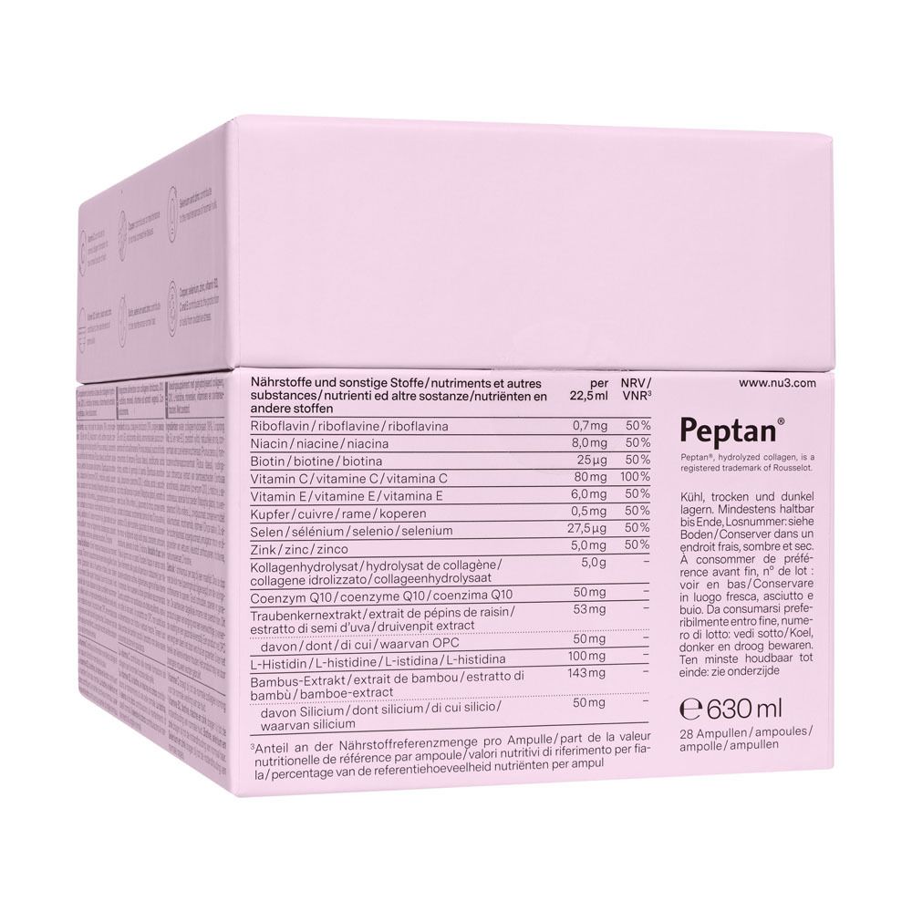 Ampulle mit weißem Verschluss. Aufschrift: "nu3 Collagen Beauty Elixir".