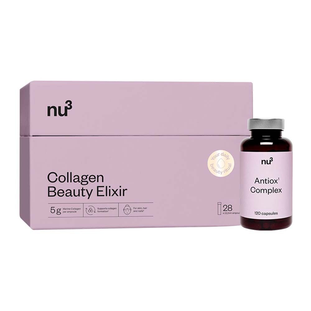 Confezione rosa con logo "nu3" e scritta "Collagen Beauty Elixir". Accanto, una bottiglia marrone con etichetta "Antiox' Complex".