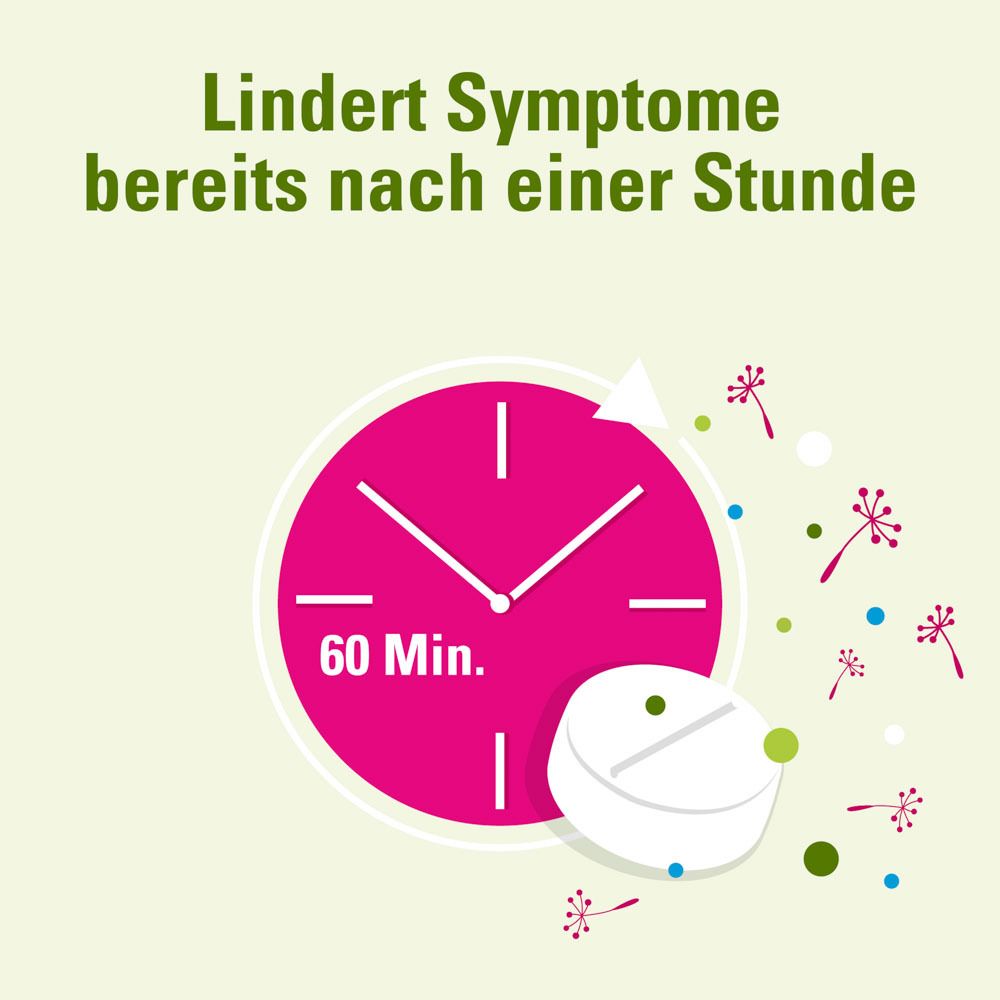 Illustration: Uhr mit 60 Min. und Tablette. Text: Lindert Symptome bereits nach einer Stunde. Hintergrund: hellgrün mit Blüten.