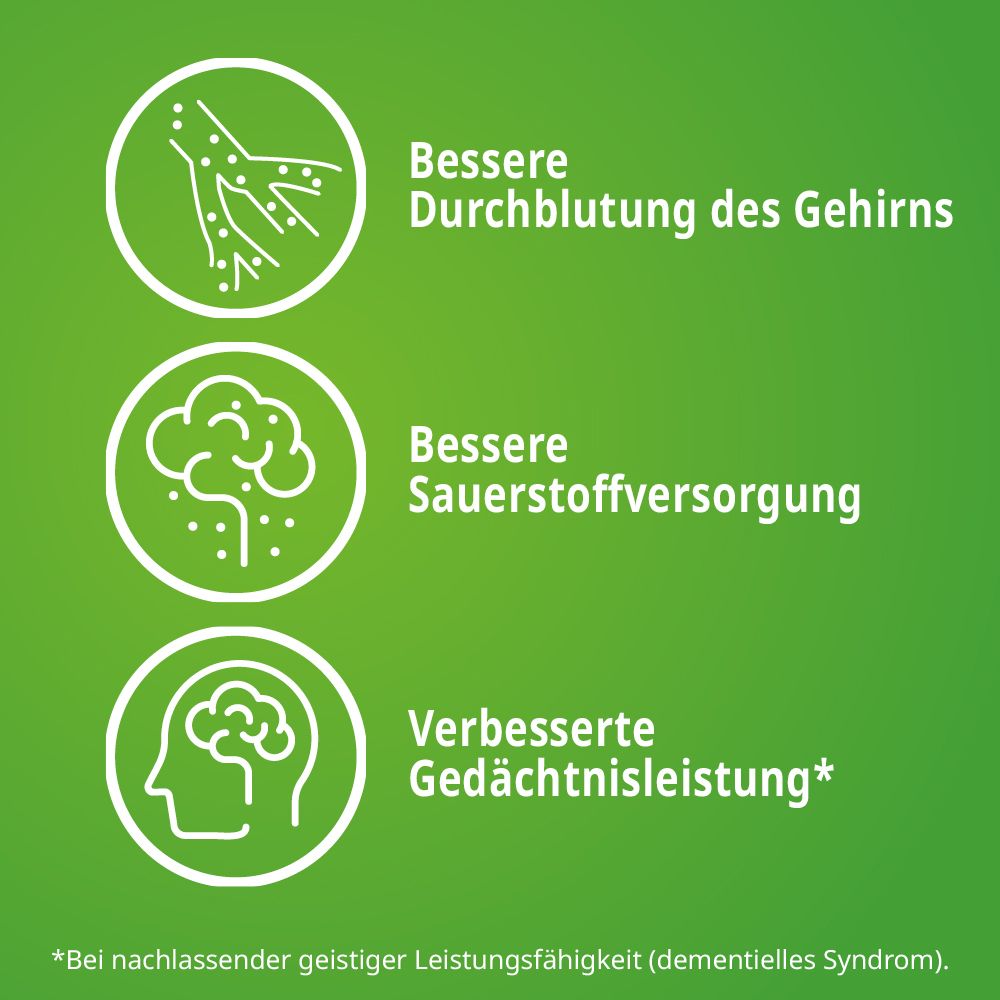 Drei Kreise mit Text: Bessere Durchblutung des Gehirns, Bessere Sauerstoffversorgung, Verbesserte Gedächtnisleistung. Grüner Hintergrund.