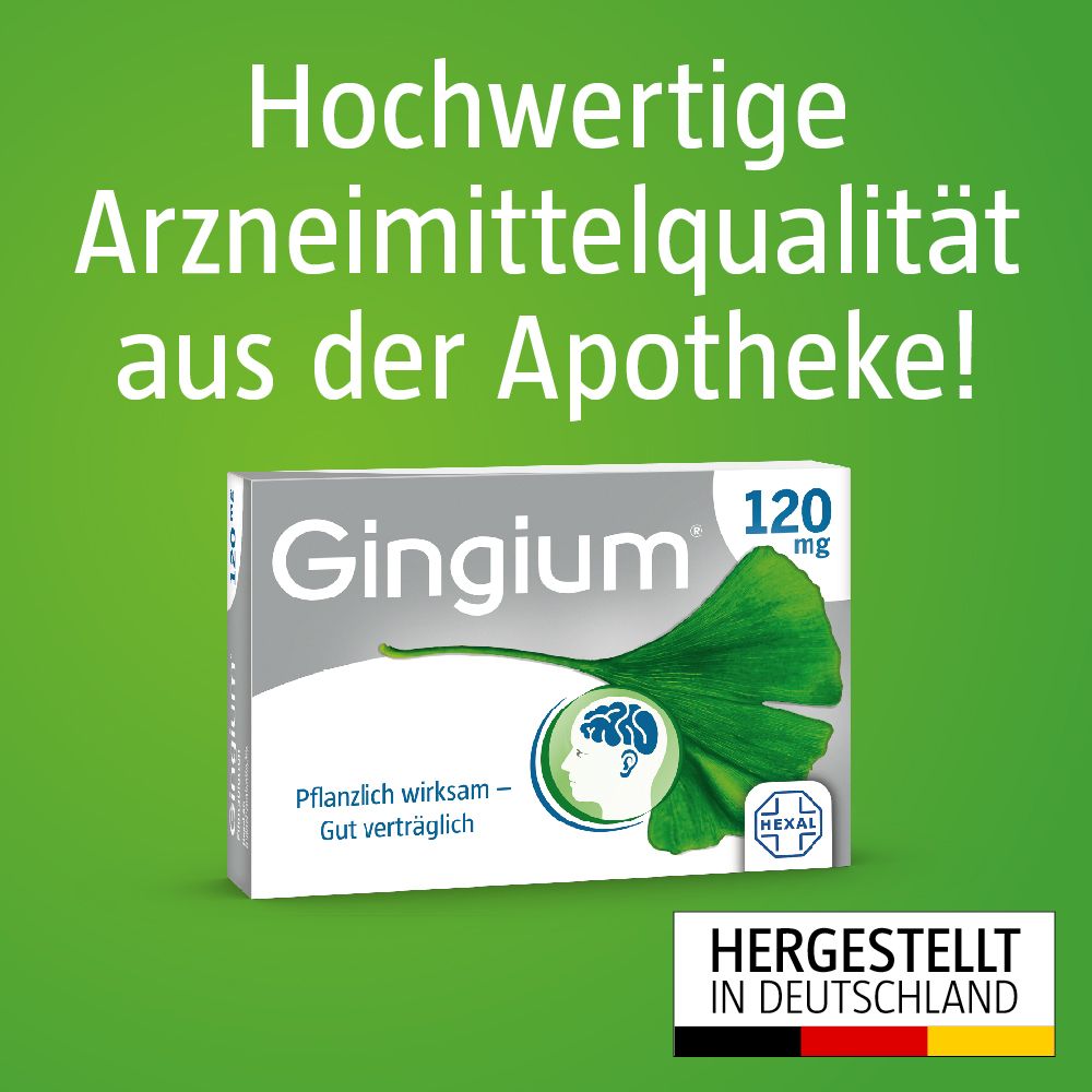 Gingium 120 mg Schachtel. Graue Verpackung mit Ginkgo-Blatt-Illustration. Text: Hochwertige Arzneimittelqualität aus der Apotheke! Hergestellt in Deutschland.