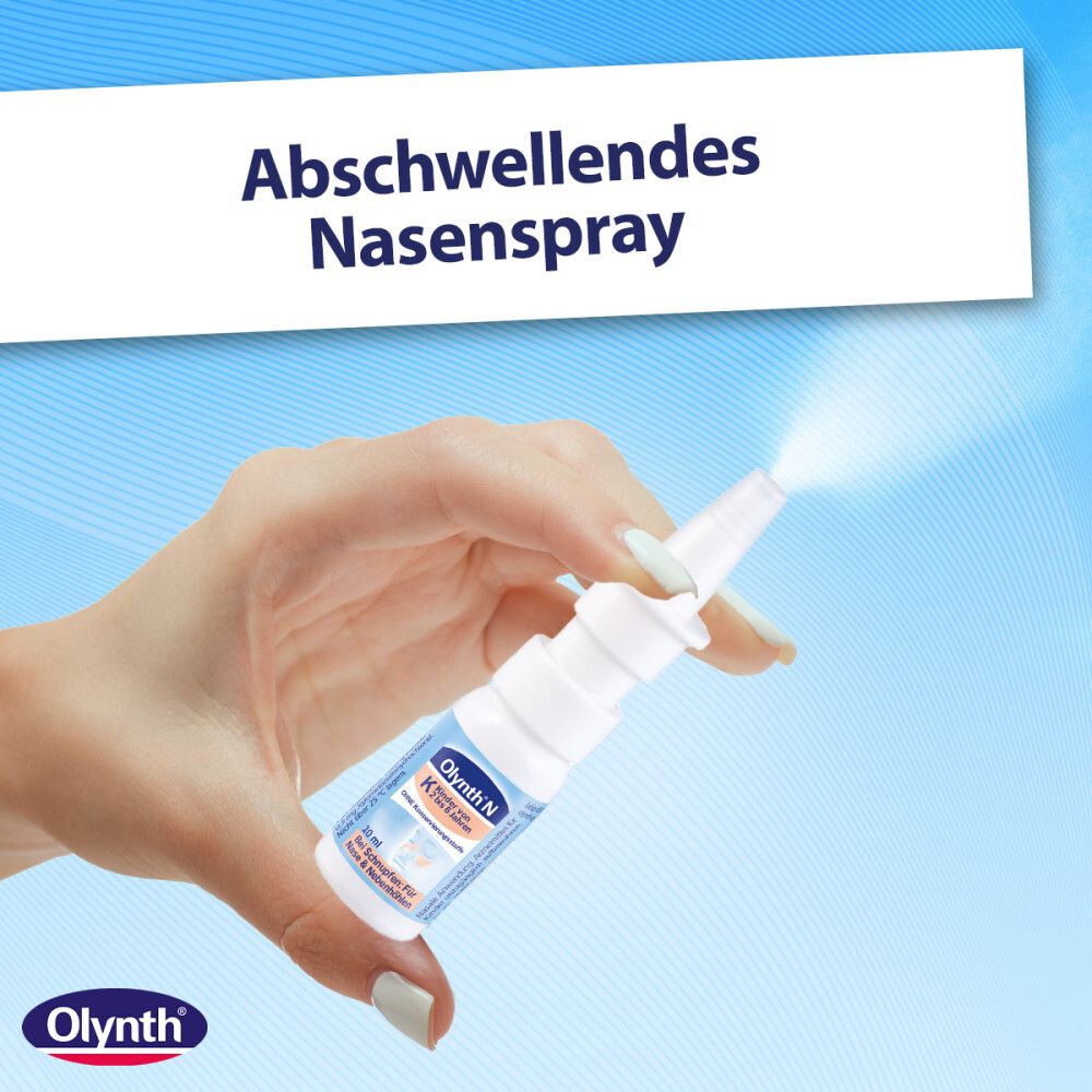 Eine Hand hält eine Nasenspray-Flasche. Aufschrift: Olynth N. Text: Abschwellendes Nasenspray.
