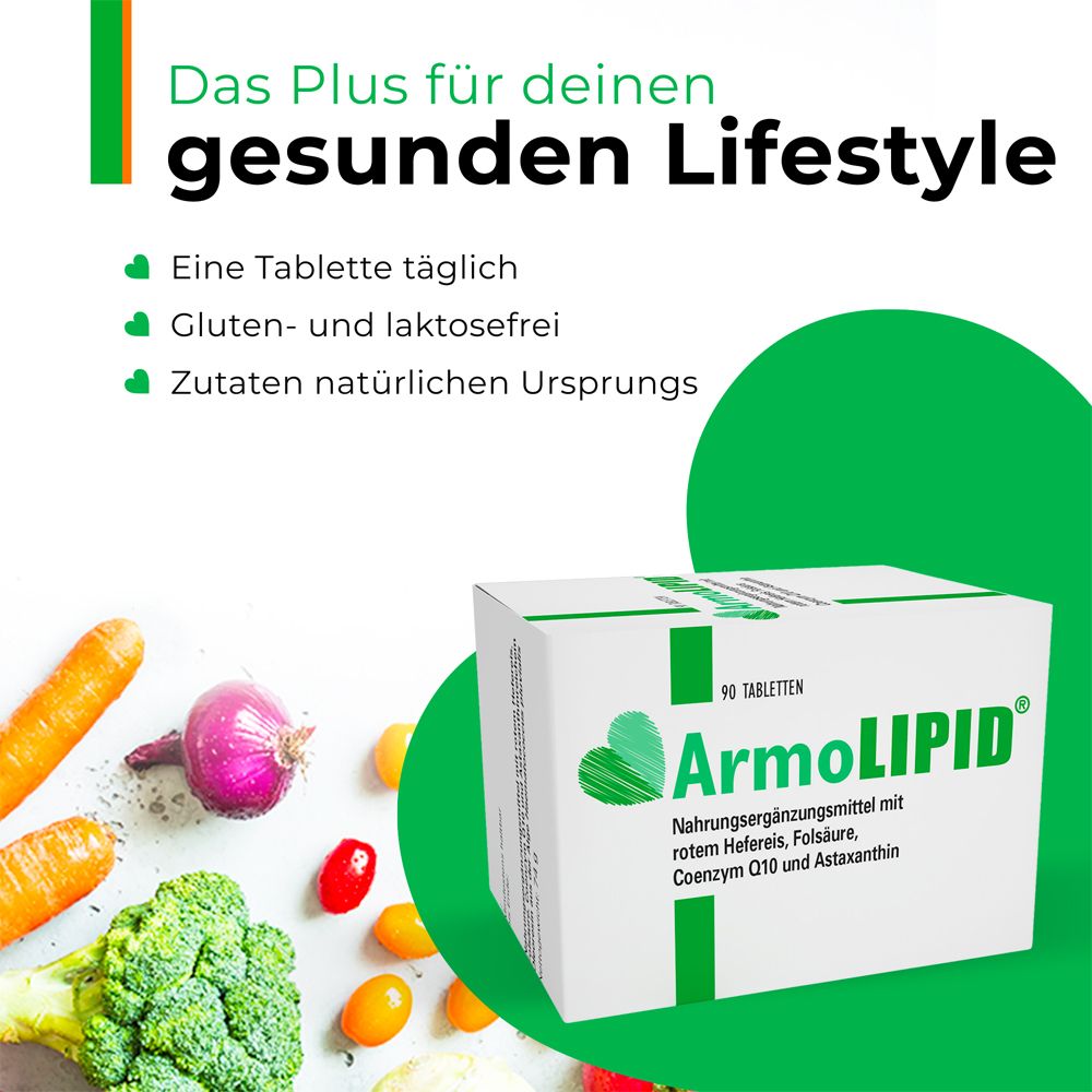Box ArmoLipid® mit Gemüse. Text: Das Plus für deinen gesunden Lifestyle. Eine Tablette täglich, gluten- und laktosefrei, Zutaten natürlichen Ursprungs.
