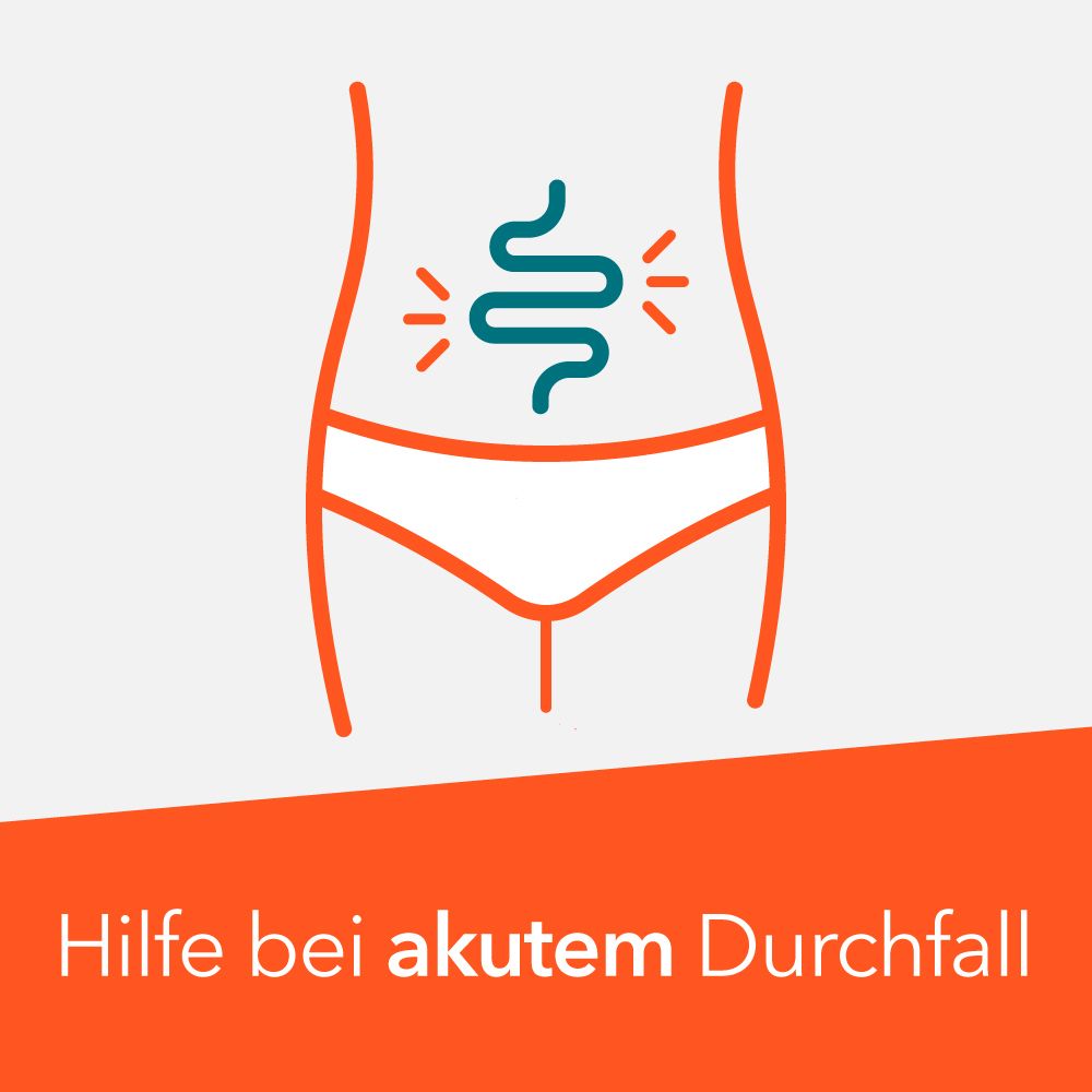 Grafik: Umriss eines Körpers mit hervorgehobenem Darm. Text: Hilfe bei akutem Durchfall.