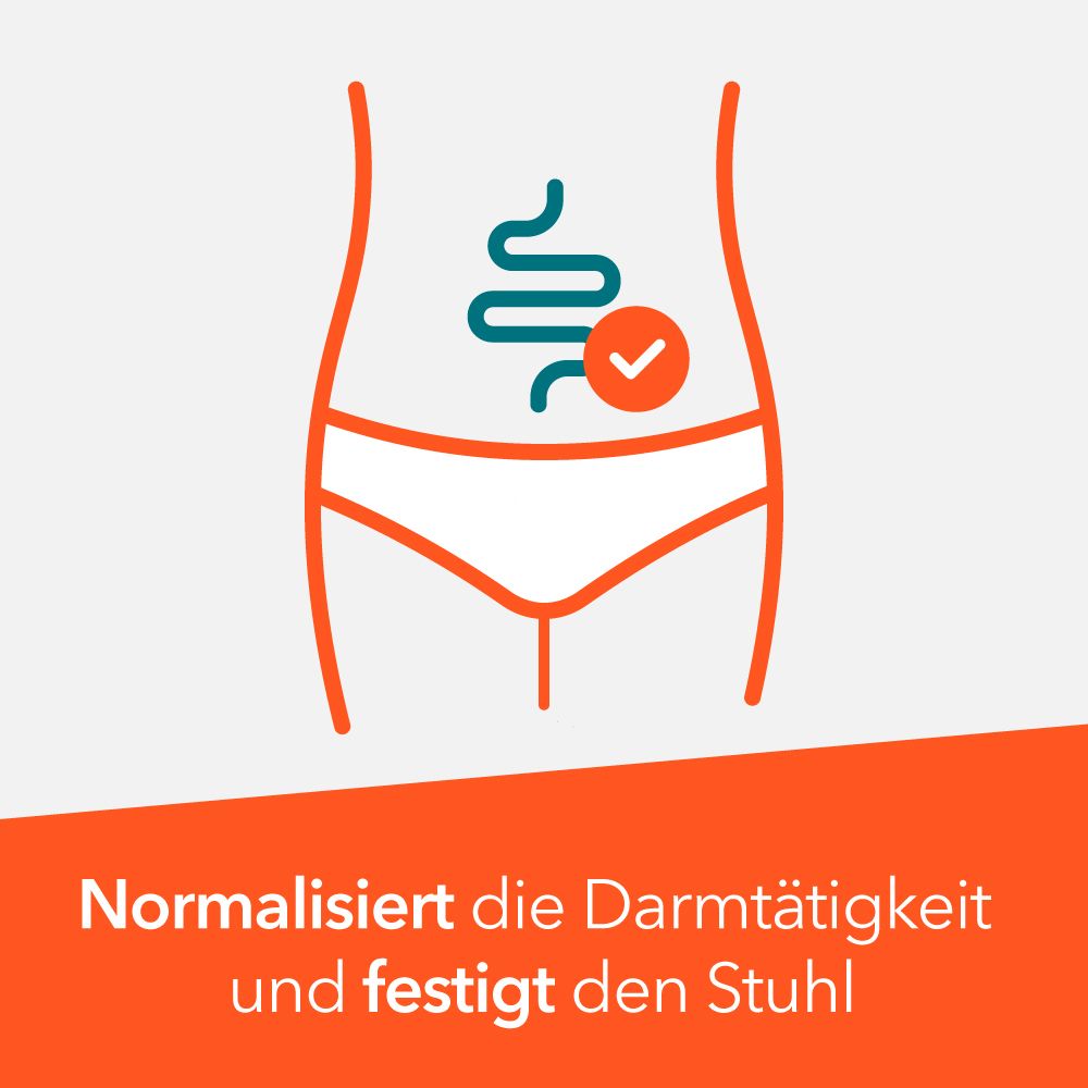 Grafik: Umriss eines Körpers mit hervorgehobenem Darm und Häkchen. Text: Normalisiert die Darmtätigkeit und festigt den Stuhl.