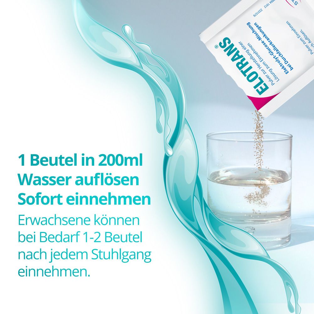 Elotrans® Pulver wird in ein Glas Wasser gegossen. Anleitende Schritte zur Zubereitung einer Elektrolytlösung.