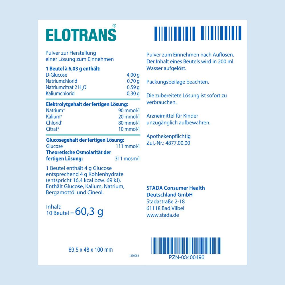 Rückseite einer Elotrans® Packung mit detaillierten Angaben zu Inhaltsstoffen und Zubereitung.