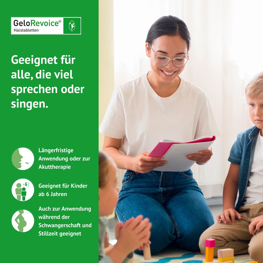 Lehrerin mit Kindern, daneben GeloRevoice Halstabletten-Symbolen.