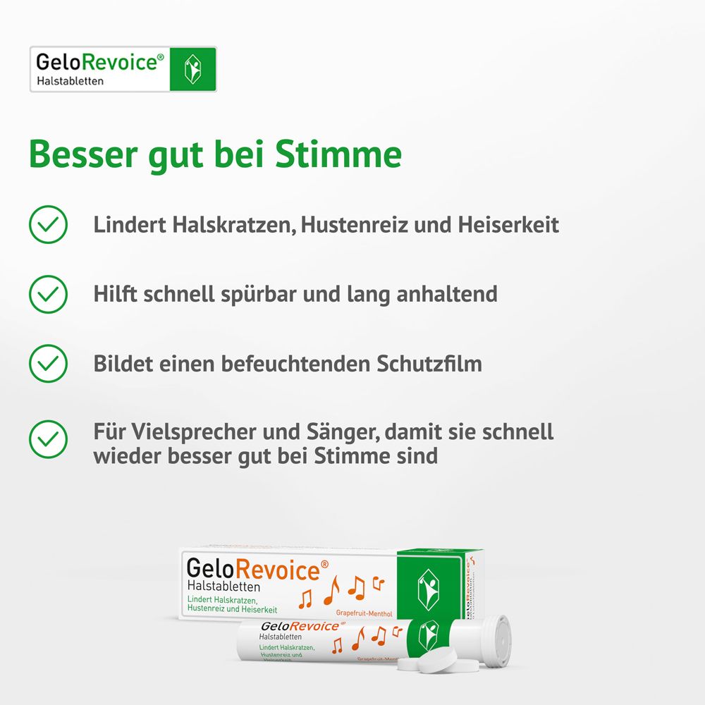Packung GeloRevoice Halstabletten mit vier Vorteilen und einer einzelnen Packung.