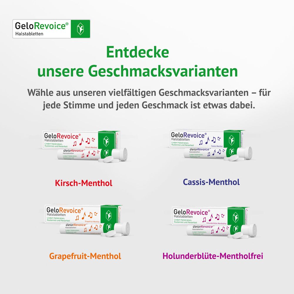 Vier Geschmacksrichtungen von GeloRevoice Halstabletten: Kirsch, Cassis, Grapefruit und Holunder.