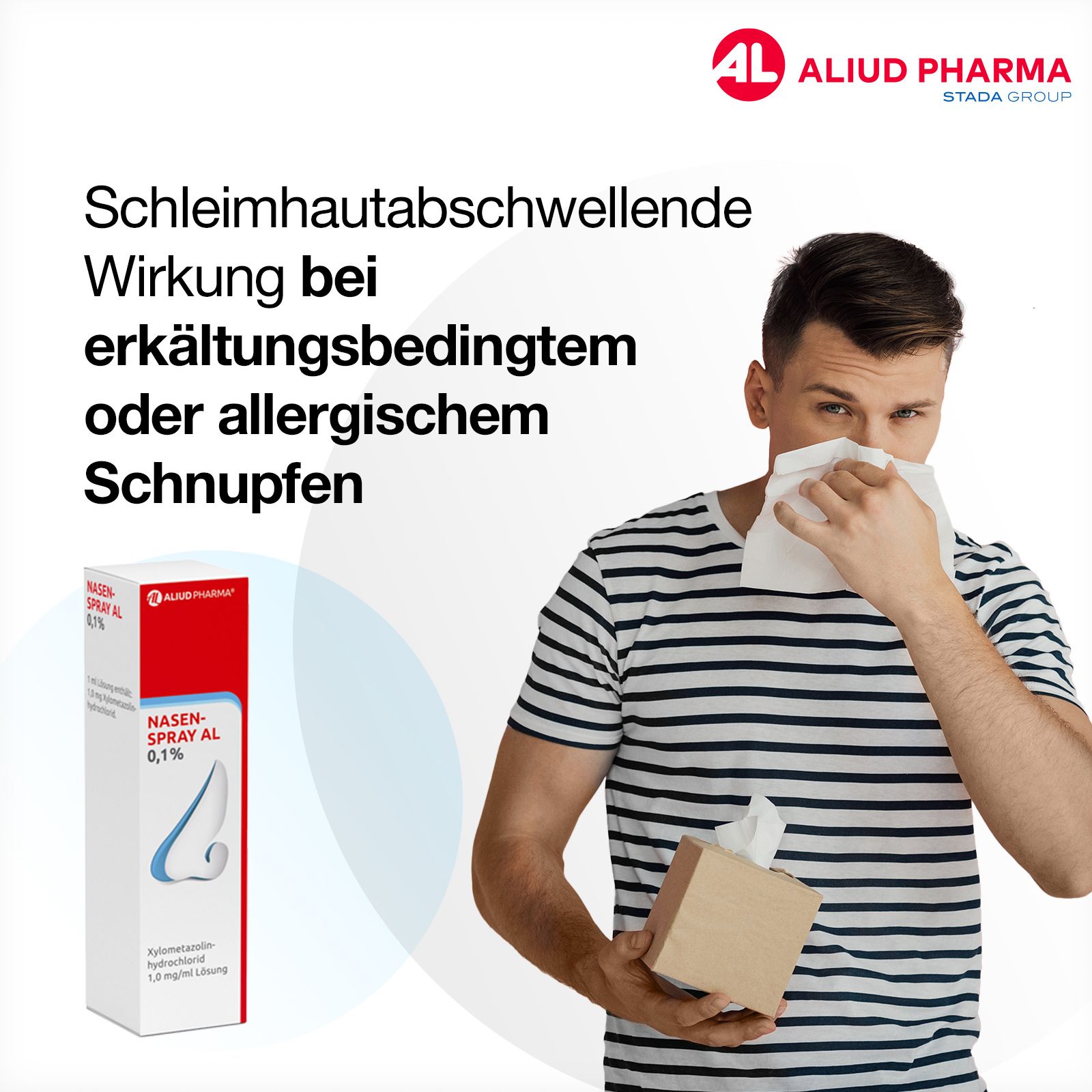 Mann putzt sich die Nase. Nasenspray AL 0,1% Verpackung im Hintergrund. Text: Schleimhautabschwellende Wirkung bei Schnupfen.