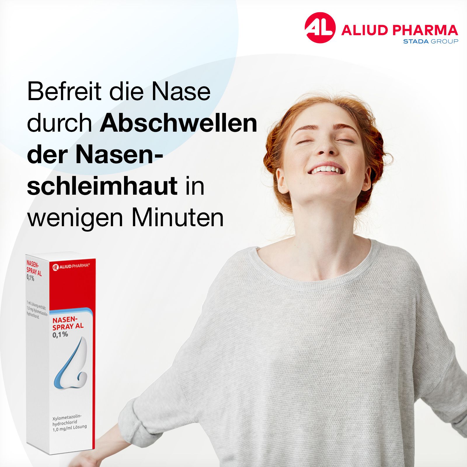 Frau atmet tief ein. Nasenspray AL 0,1% Verpackung im Hintergrund. Text: Befreit die Nase durch Abschwellen der Nasenschleimhaut.
