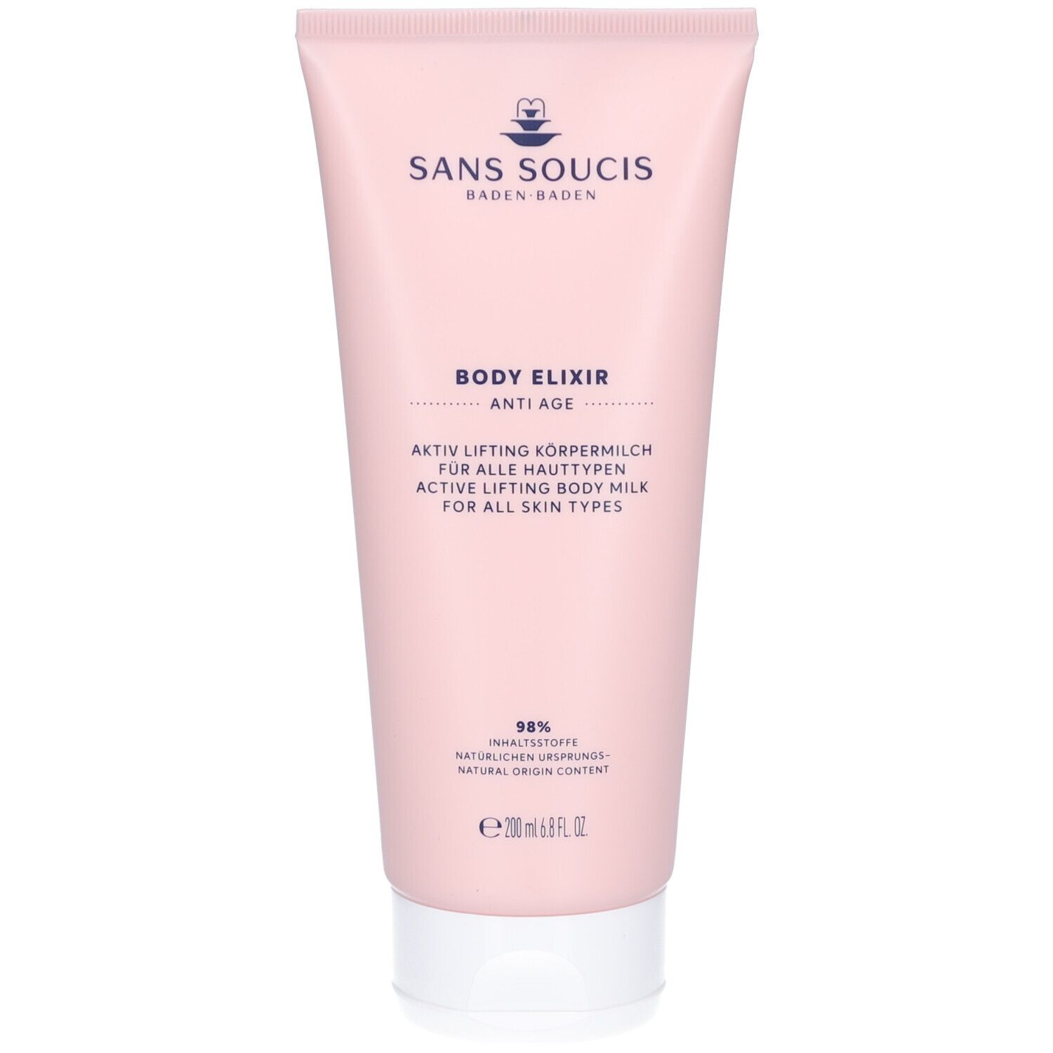 Rosa Tube mit weißem Schriftzug. "Sans Soucis" und "Body Elixir Anti Age" sind sichtbar. Enthält 98% Inhaltsstoffe natürlichen Ursprungs.