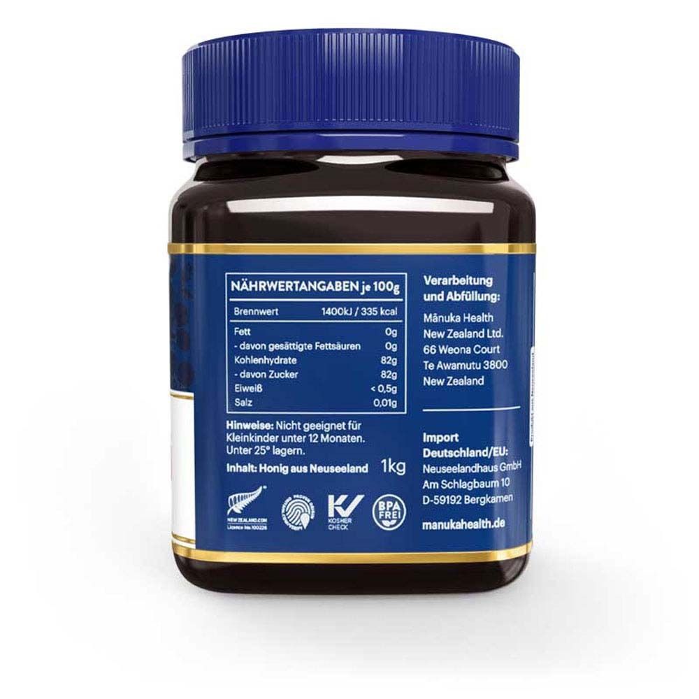 Rückseite eines Honigglases. Aufschrift: MANUKA HEALTH. Nährwertangaben. Informationen zu Import und Hersteller.