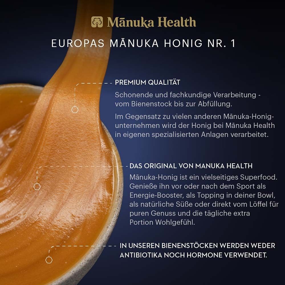 Honig auf einem Löffel. Text: Europas MANUKA Honig Nr. 1. Text über Premium-Qualität und Herkunft.
