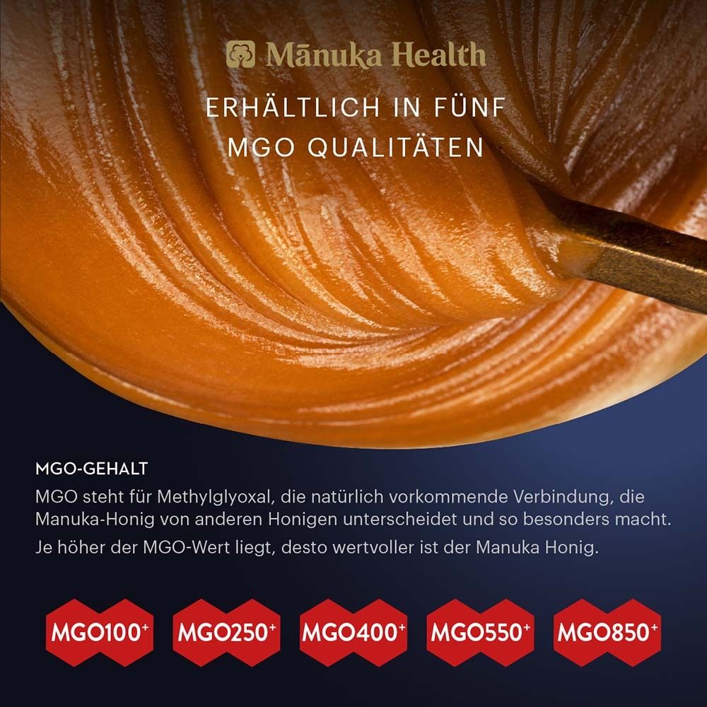 Nahaufnahme von Honig. Text: Erhältlich in fünf MGO Qualitäten. Auflistung der MGO-Werte: MGO100+ bis MGO850+.