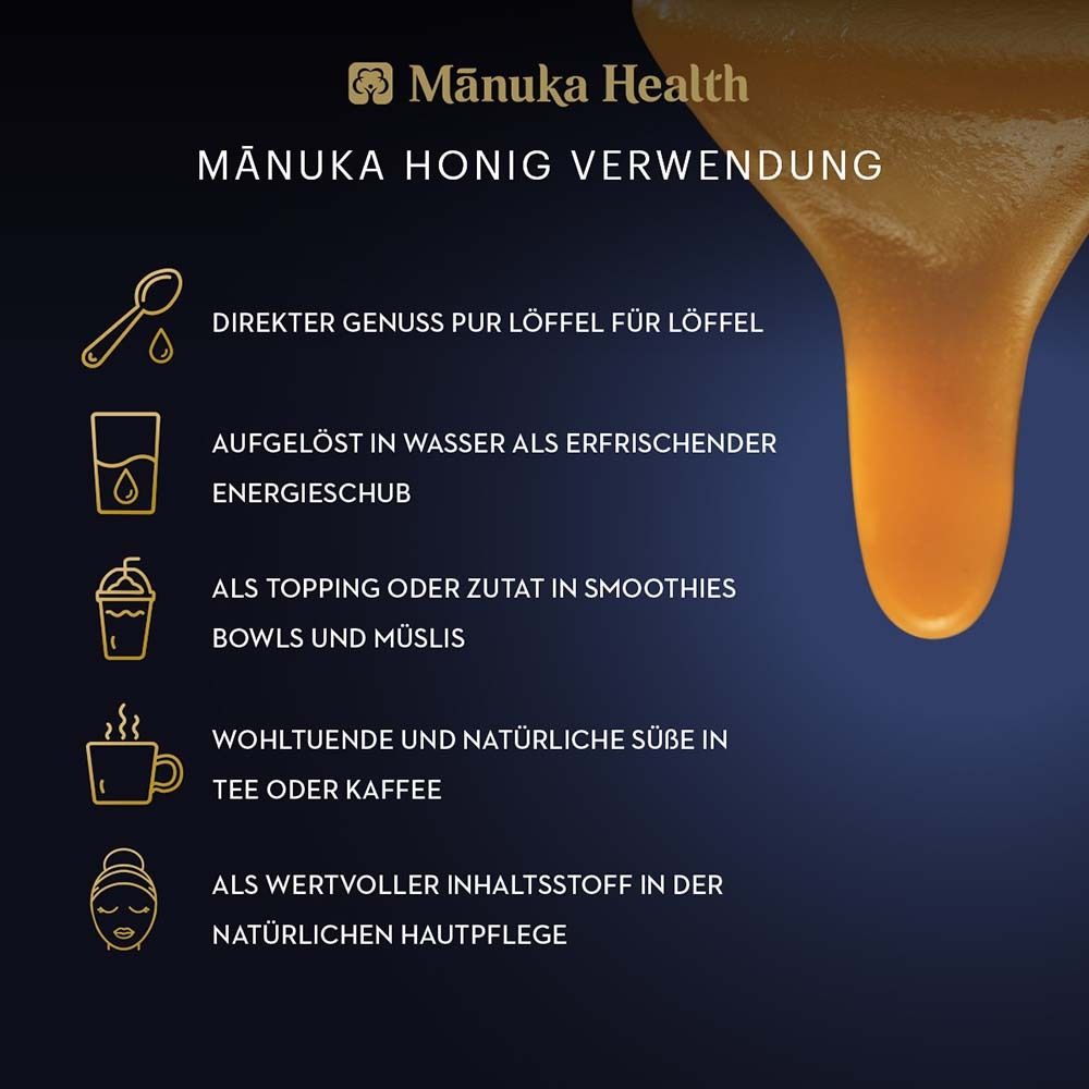 Honig tropft. Text: MANUKA Honig Verwendung. Illustrationen für direkten Genuss, Getränke, Smoothies, Tee, Hautpflege.