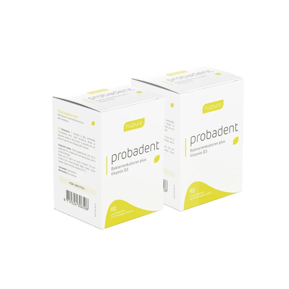 Zwei weiße Kartons mit der Aufschrift "nupure probadent". Aufschrift "Bakterienkulturen plus Vitamin D3". Gelbes Designelement.