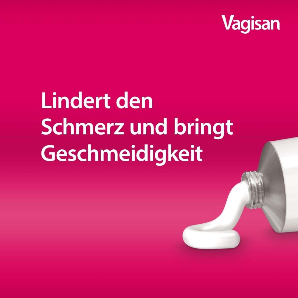 Vagisan FeuchtCreme Tube, weißer Creme-Ausfluss. Text: Lindert Schmerz und bringt Geschmeidigkeit.