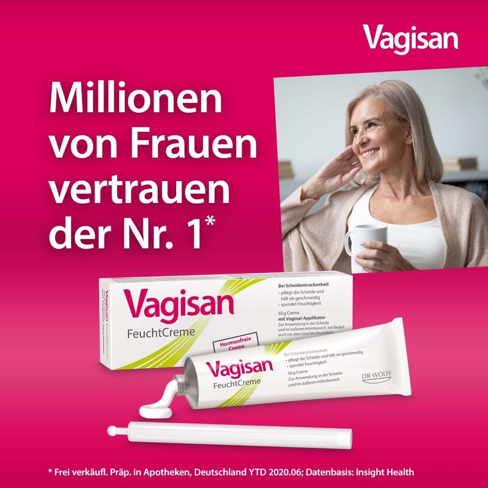Frau lächelt, hält Tasse. Vagisan FeuchtCreme, Packung und Tube. Text: Millionen von Frauen vertrauen der Nr. 1.