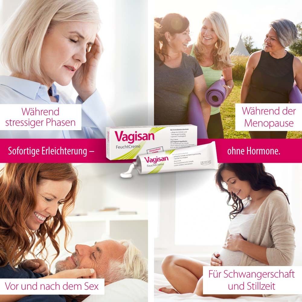 Vier Szenen: Frau mit Kopfschmerzen, Frauen lachen, Frau mit Mann, Frau schwanger. Vagisan FeuchtCreme, Packung und Tube.