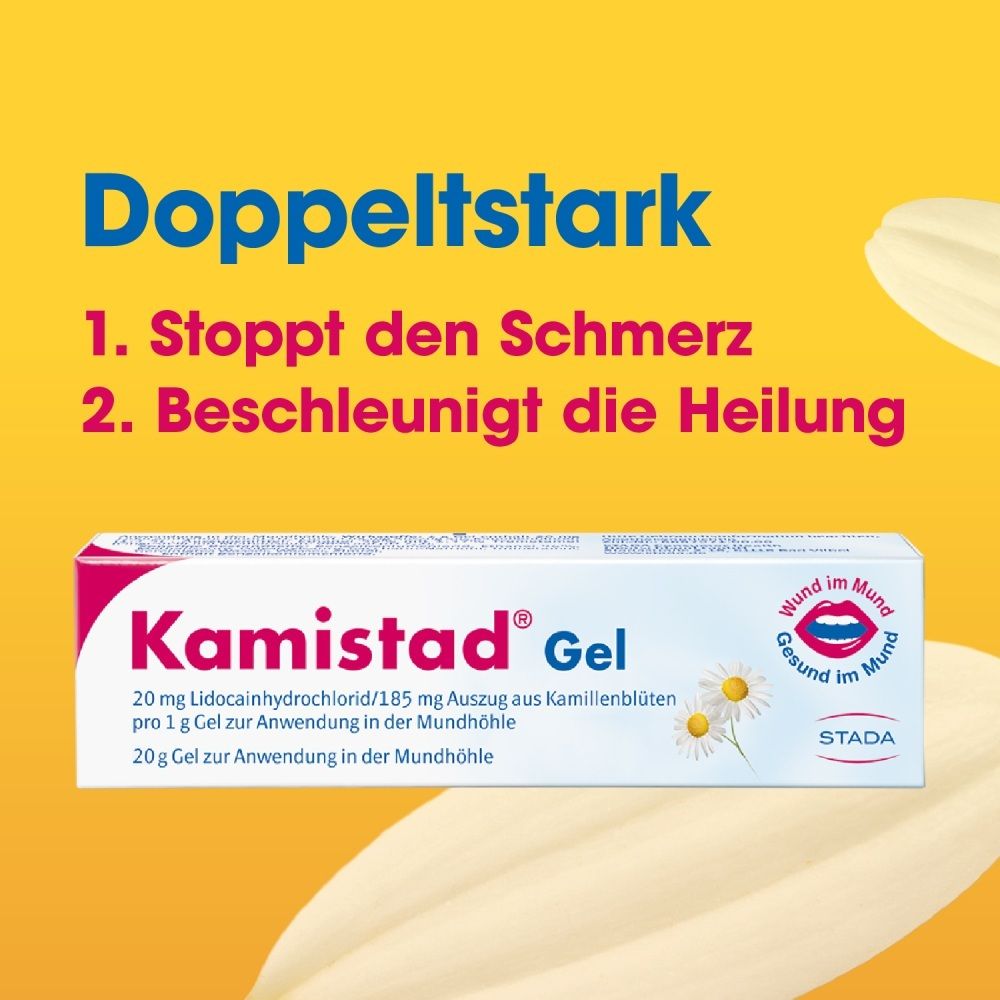 Packung Kamistad® Gel mit Kamillenblüten. Doppelt stark: Stoppt Schmerz, beschleunigt Heilung.